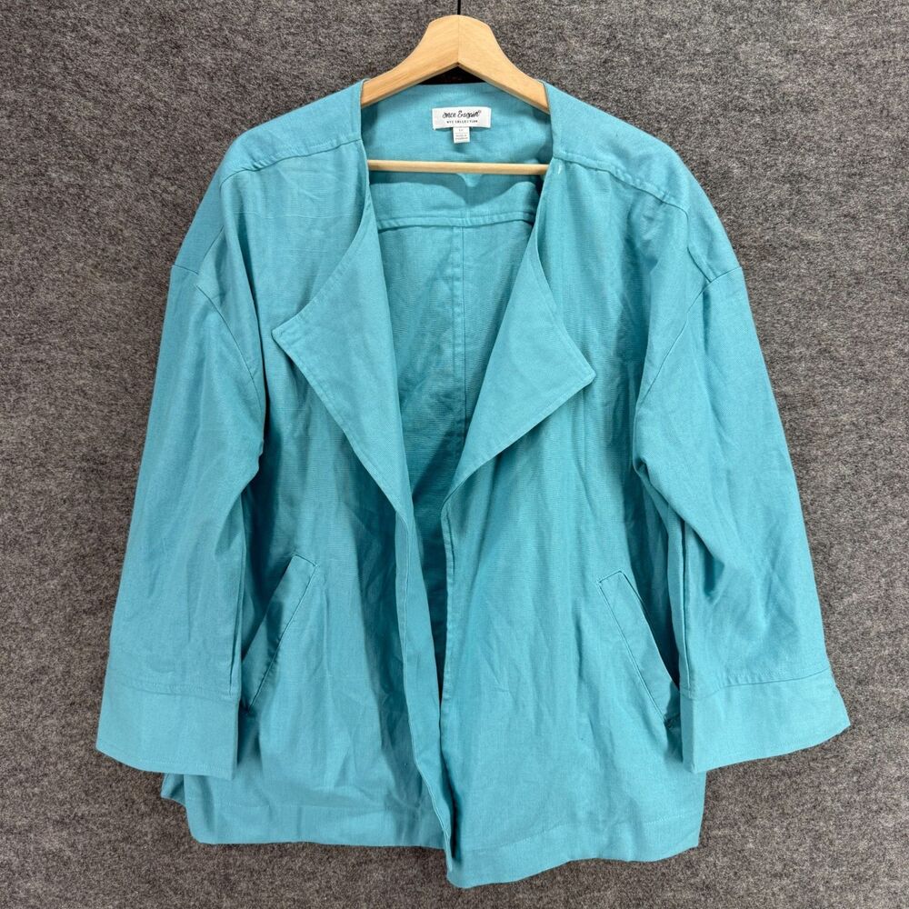 Once & Again Jacket Women 1X Plus Blue Linen Open Front Long Sleeve Pockets